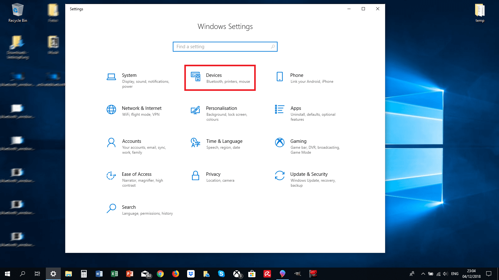 Settings in Windows 10