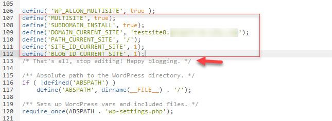 The file wp-config.php with the added code from the WordPress backend