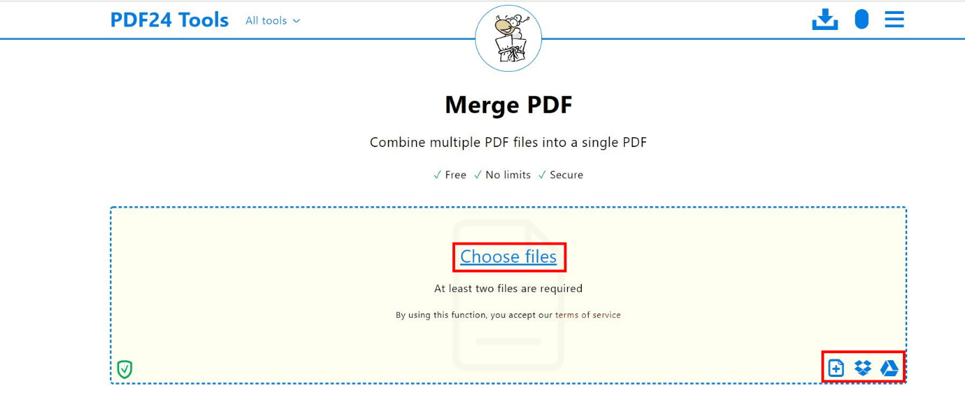 Window for merging PDFs using PDF24: Upload area