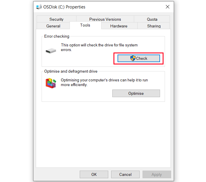 Windows: Checking a disk drive for errors