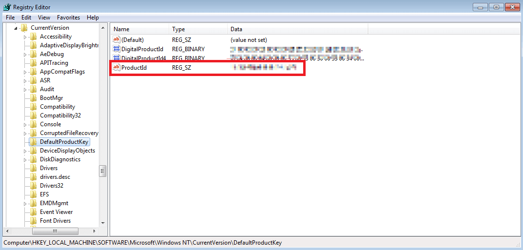 Windows Registry with the Windows 7 product key