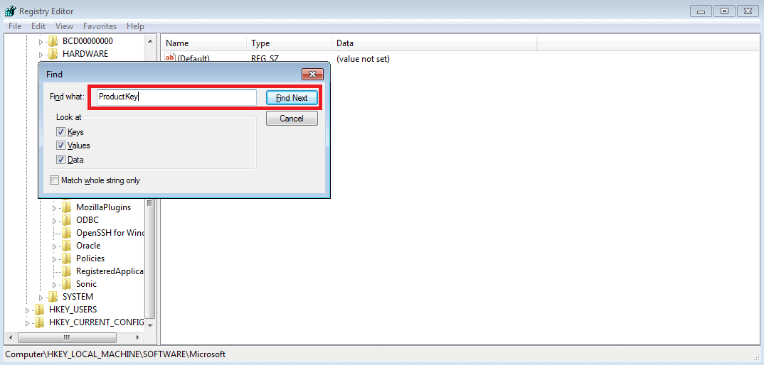 Windows Registry with the search function displayed