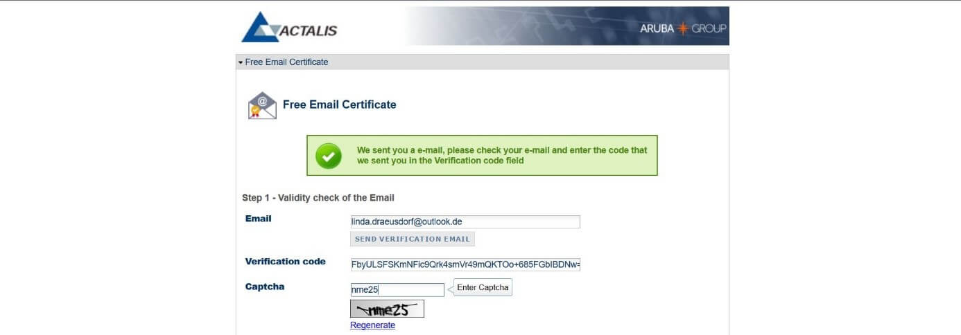 Actalis form for a “Free Email Certificate” – Step 1