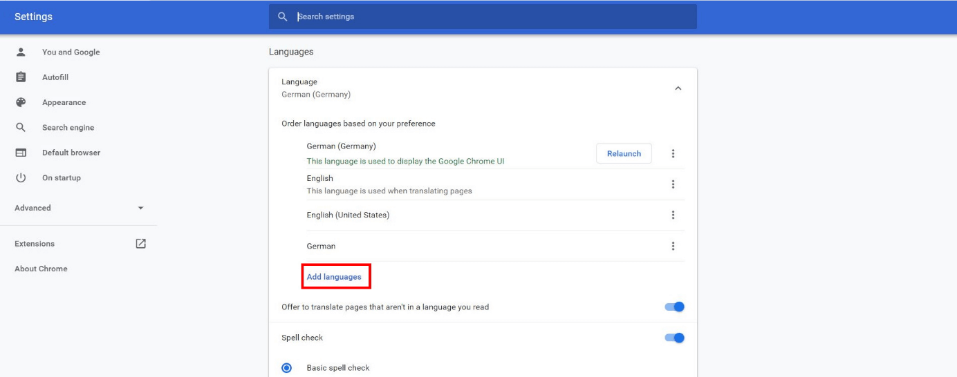"Add languages” button in Chrome settings