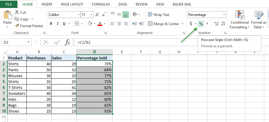 Adding percentage formatting in Excel