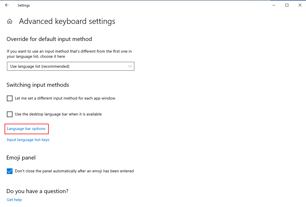 Advanced keyboard settings in the Windows 10 Settings app