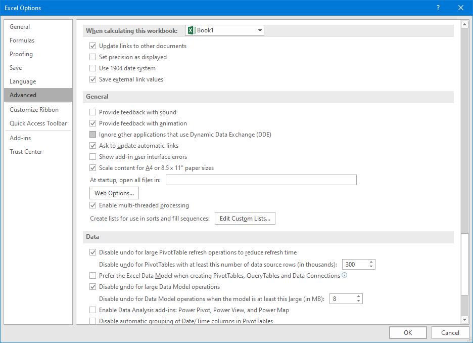 Advanced settings in Excel