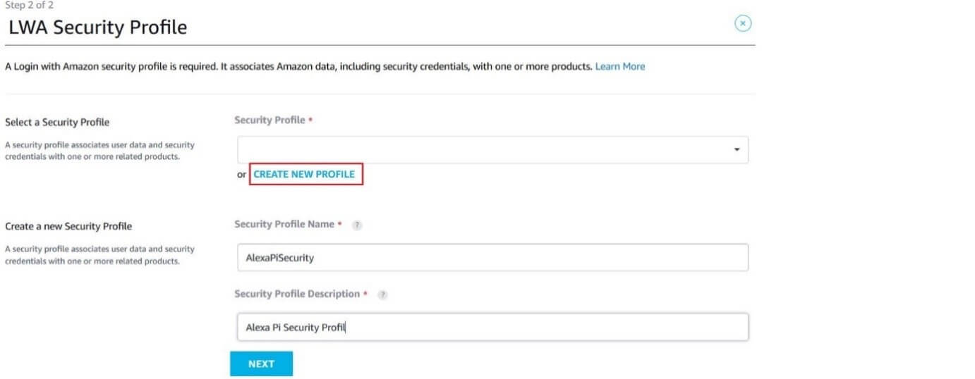 Amazon Developer LWA Security Profile menu