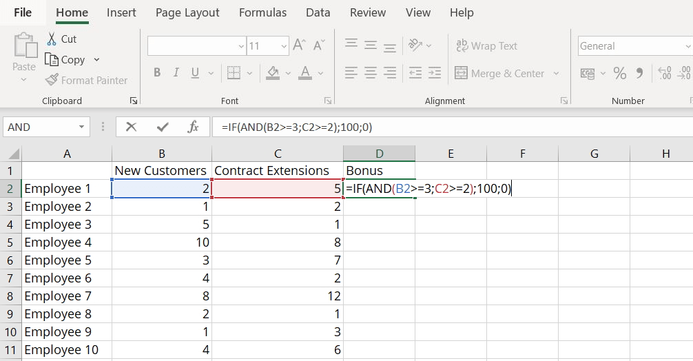 Combination of the Excel AND and IF functions
