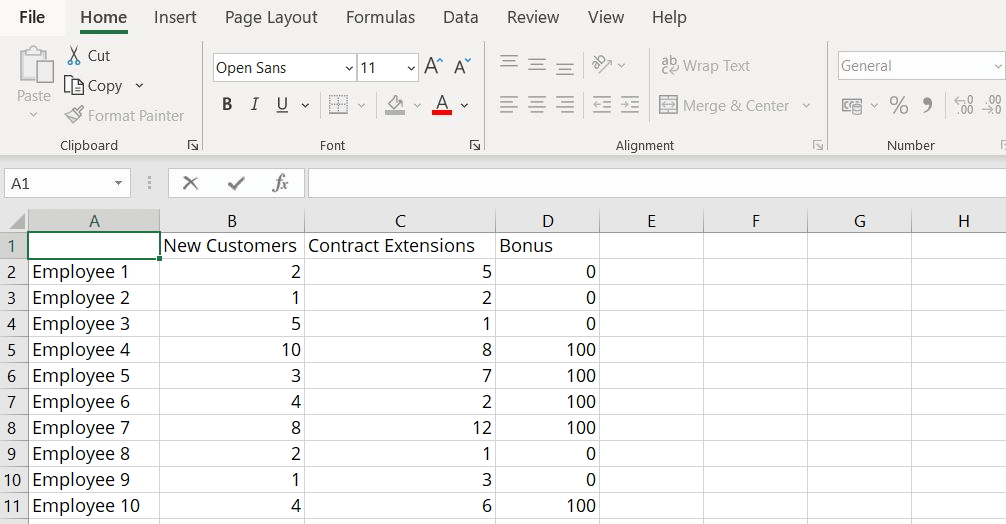 Excel spreadsheet example with results