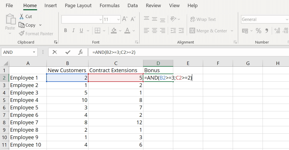 Excel AND function: entering the function in the cell