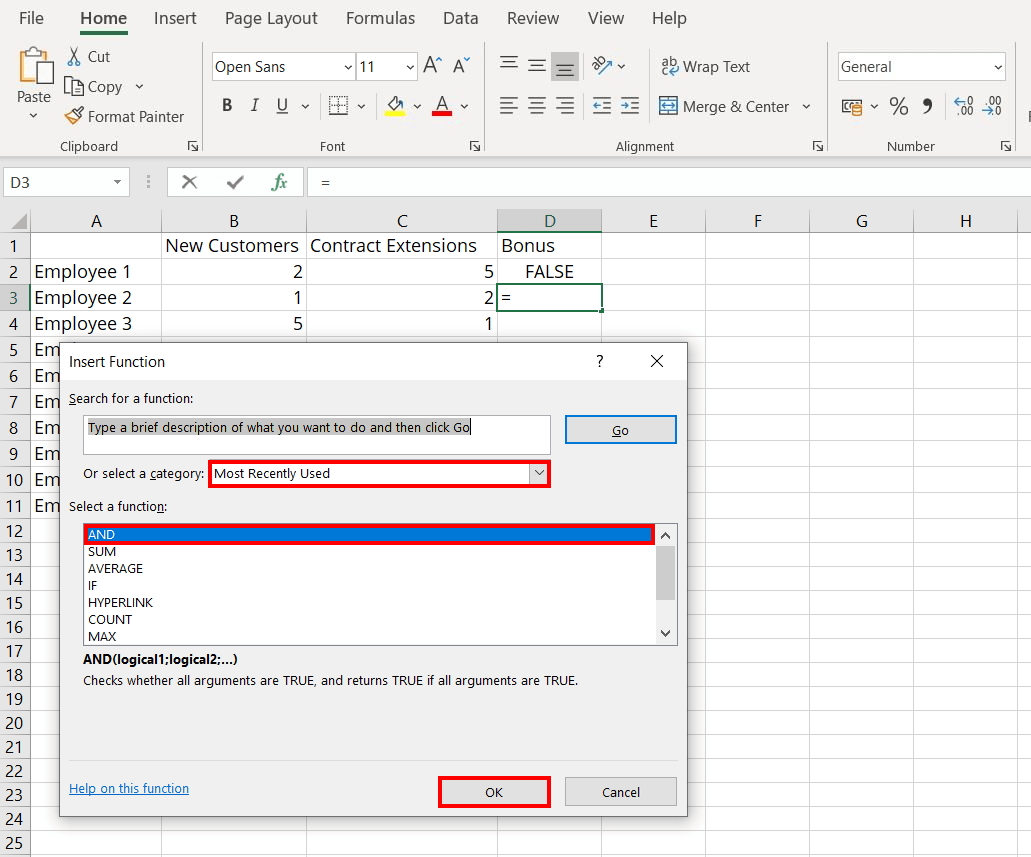“Insert Function” dialog box: Excel AND function