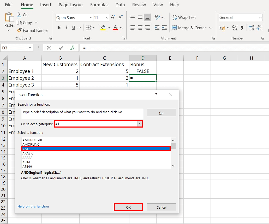 Selecting the Excel AND function