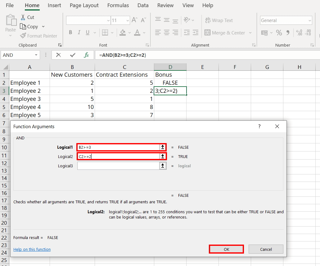 Excel AND: “Function Arguments” dialog box