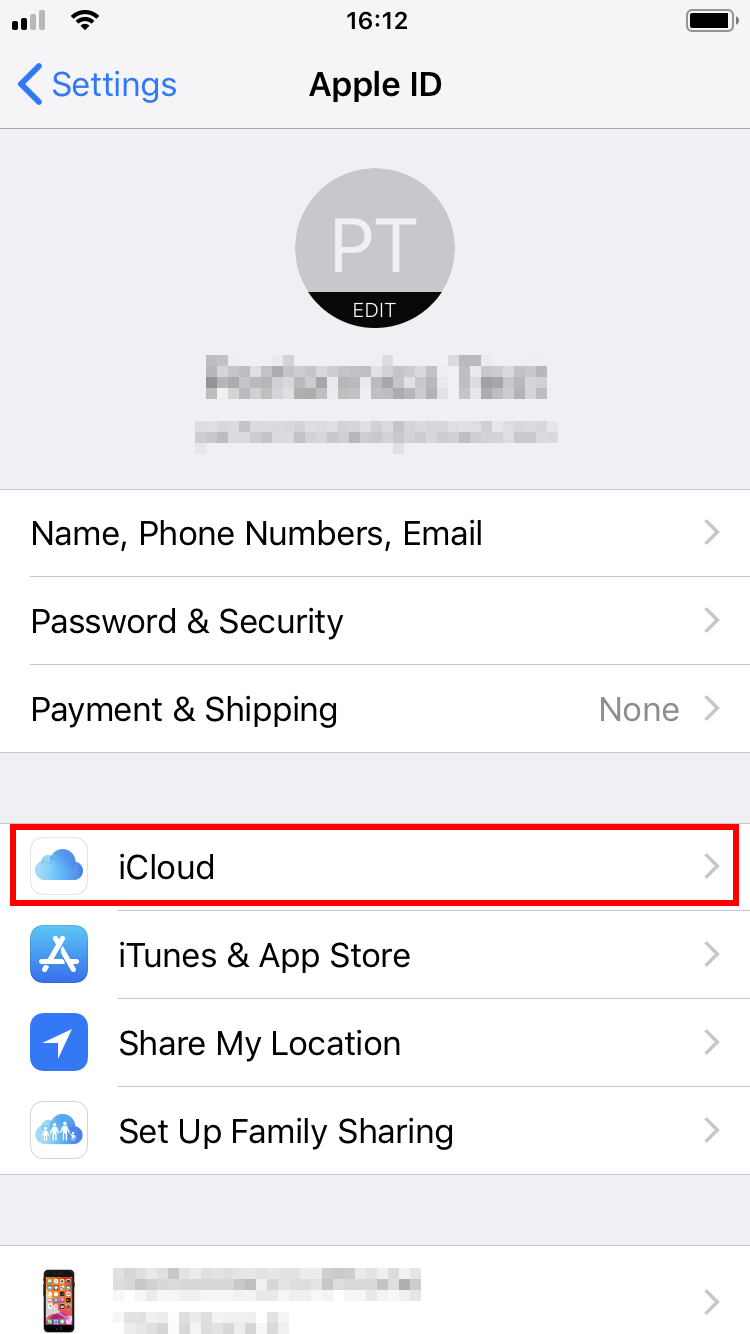 Apple ID menu in iOS