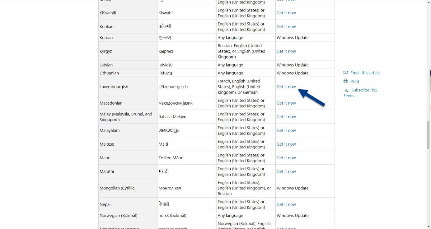 Available language pack downloads on the Microsoft support website