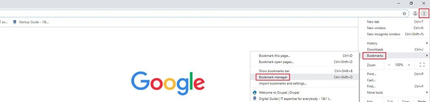 Bookmark Manager button in the Chrome menu