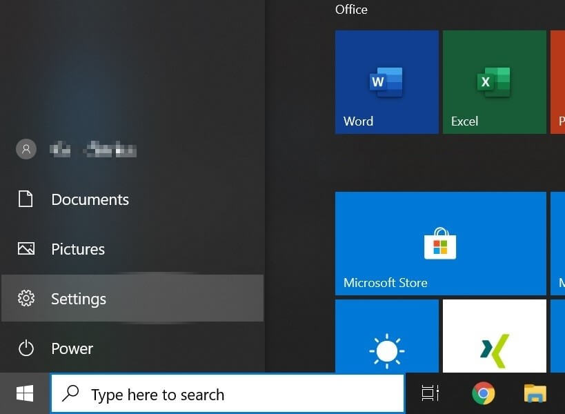 Button for opening Windows settings