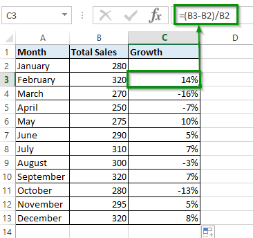 Calculating the percentage of growth between two rows in Excel