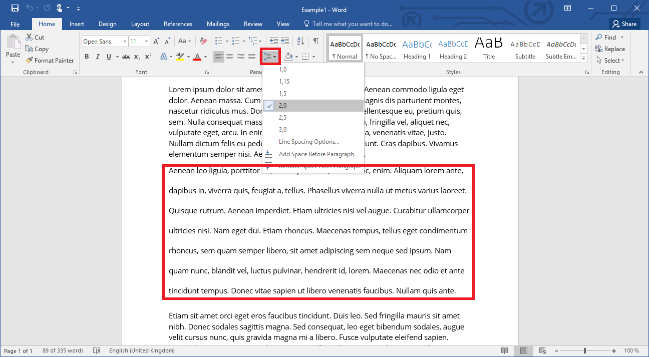 Changing line spacing in Word