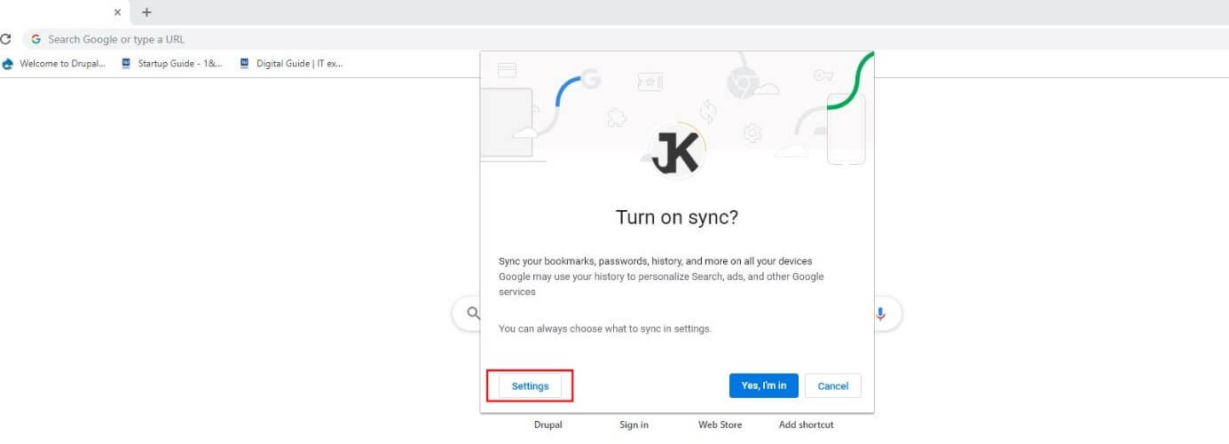 Chrome sign-in dialog “Turn on sync?”