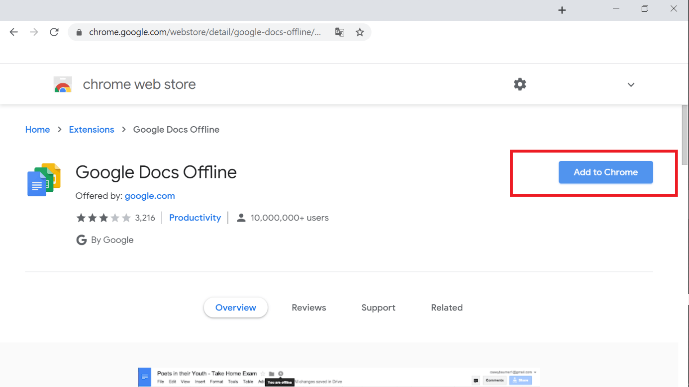 Chrome Web Store: button to add the Google Docs Offline extension