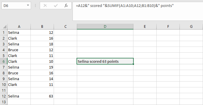 Combination of CONCATENATE and SUMIF in an Excel table