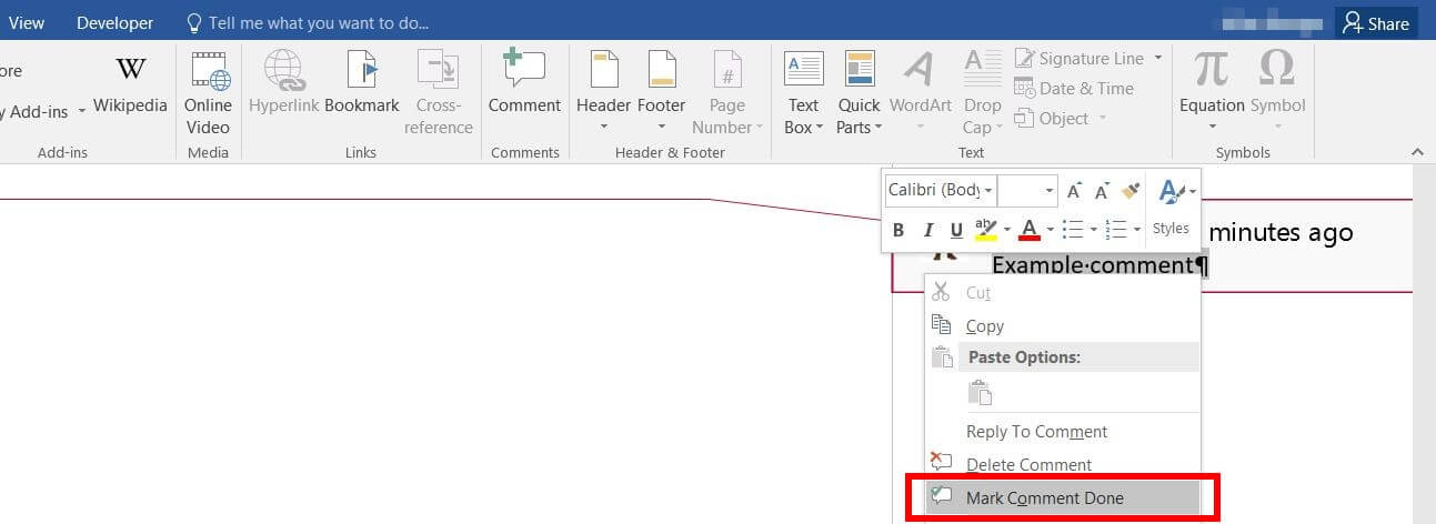 “Mark Comment Done” option in Word 2016