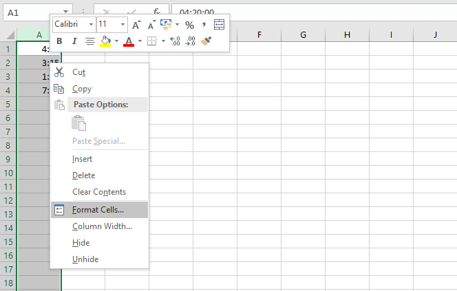Context menu in Excel