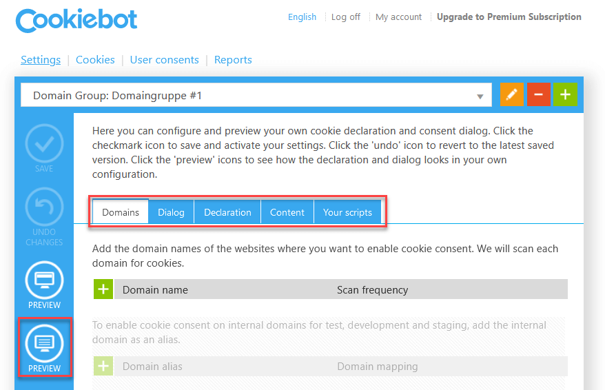 Cookiebot website – settings