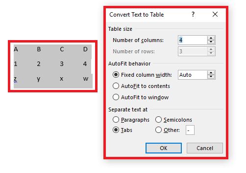 Create table from existing text