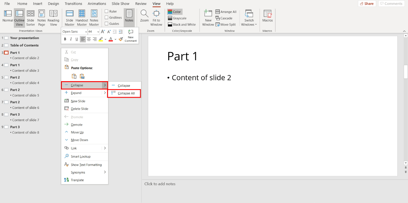 Creating a PowerPoint table of contents: collapsing the outline structure