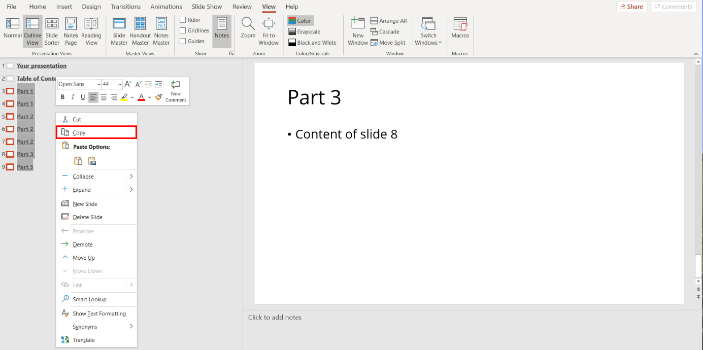 Creating a PowerPoint table of contents: copying the outline structure