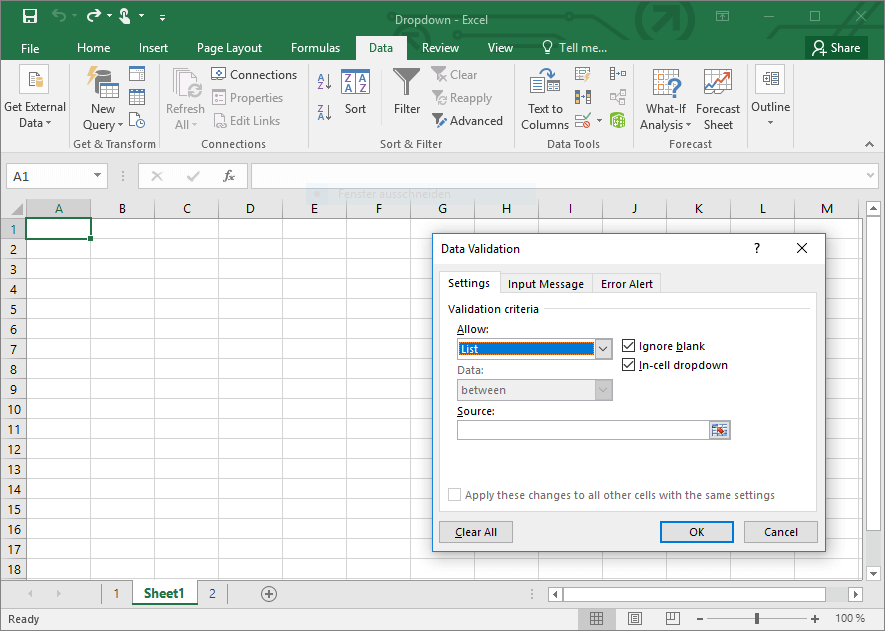 Data validation menu for creating drop-down lists in Excel