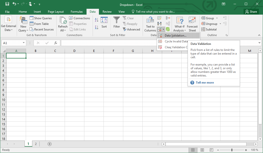 Data validation window in Excel
