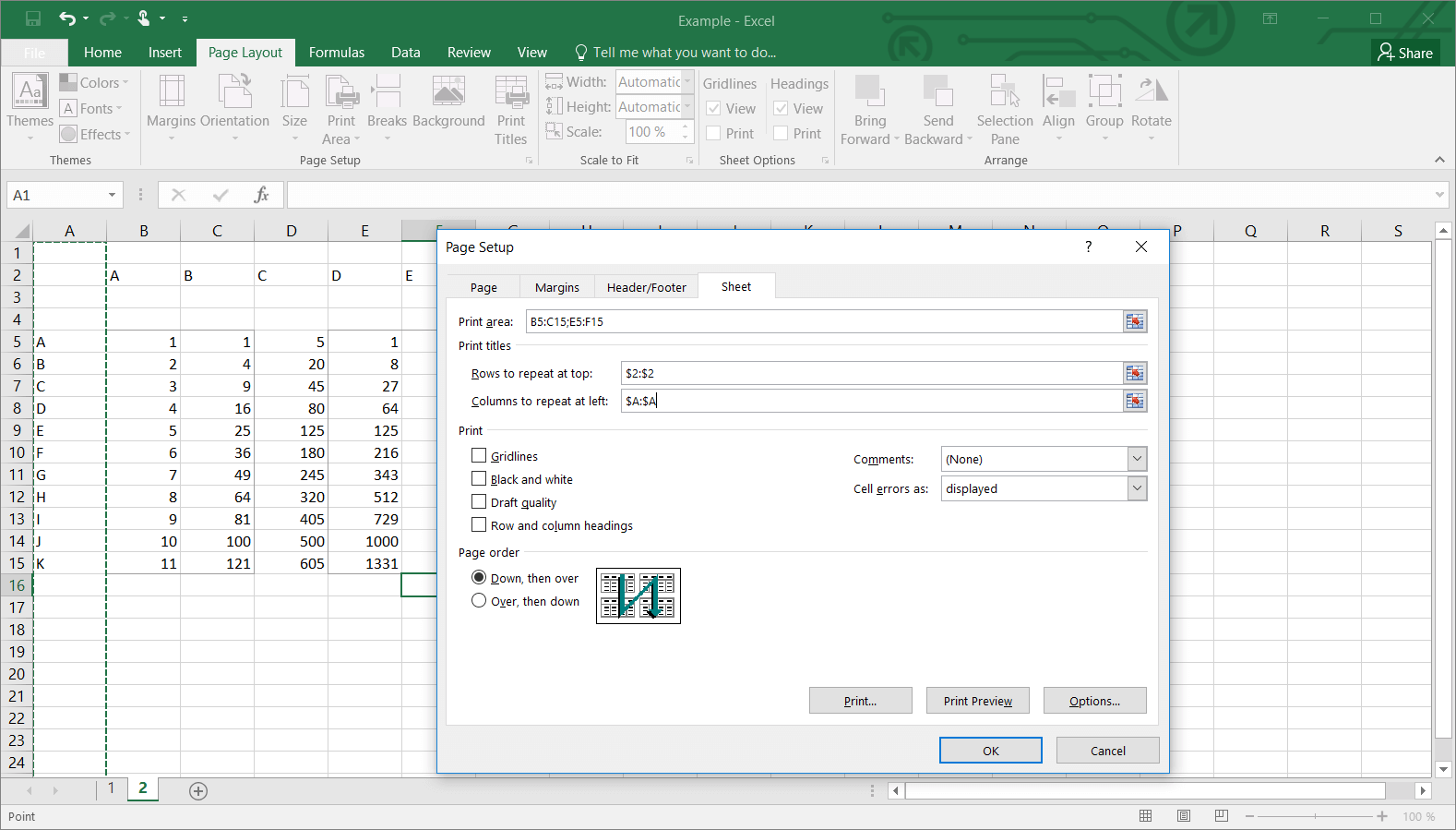 Defining rows and columns to repeat from the Print Titles window in Excel