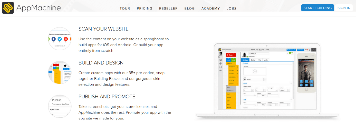Homepage of AppMachine app builder