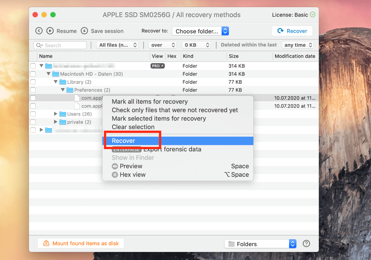 Option for selecting the data you want to recover
