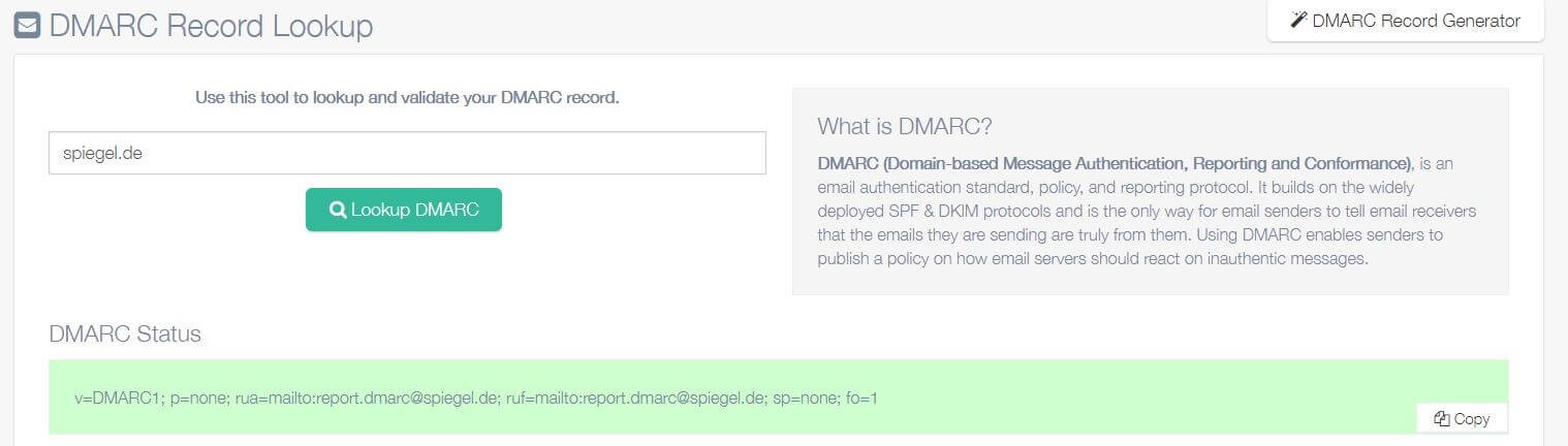 Screenshot of the DMARC Record Lookup Tool provided by easyDMARC.com