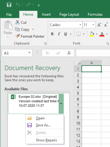 Document recovery in Excel