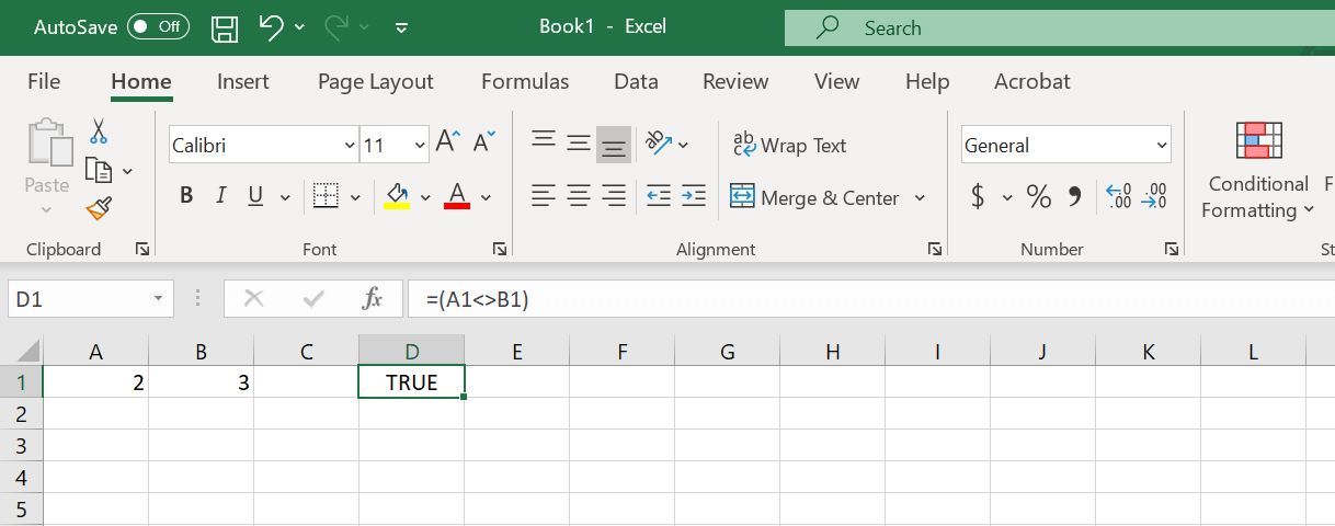 Example in Excel - “does not equal” sign