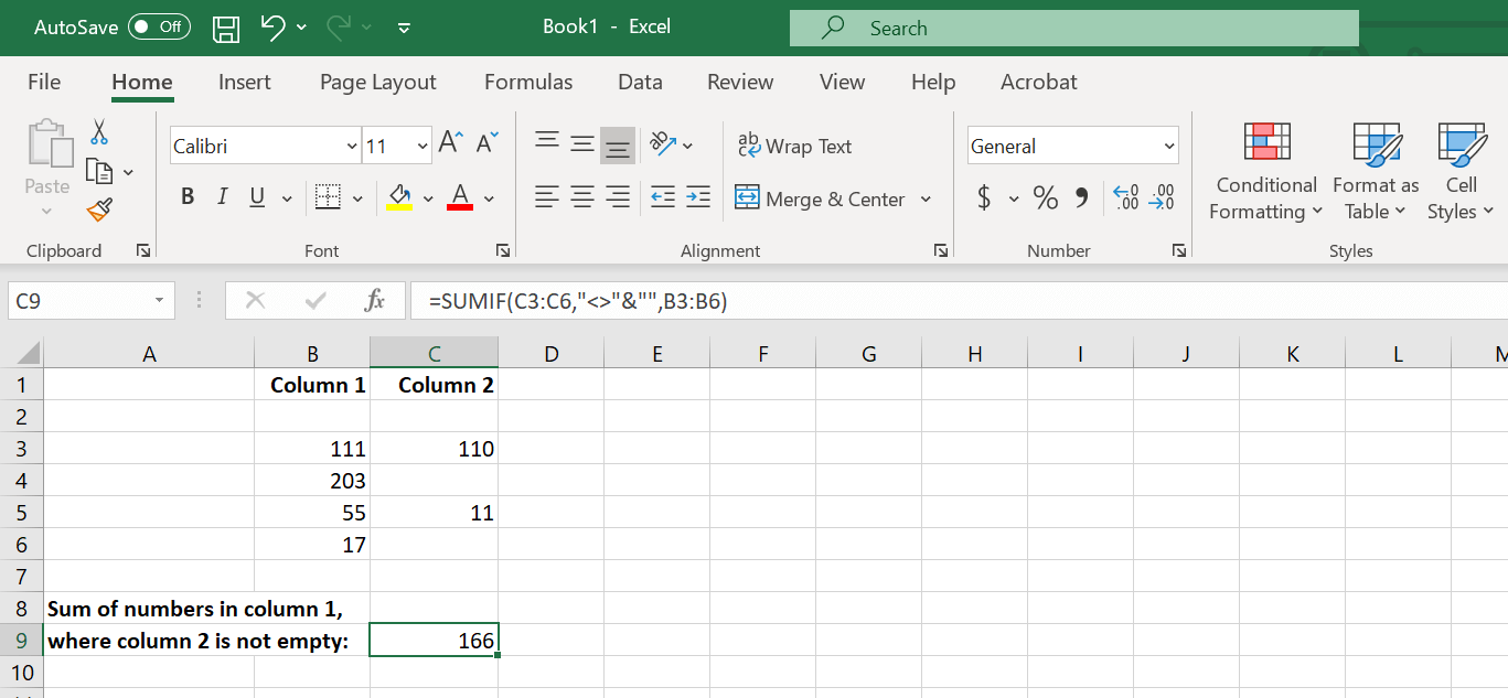 Excel: “Not equal to” and SUMIF