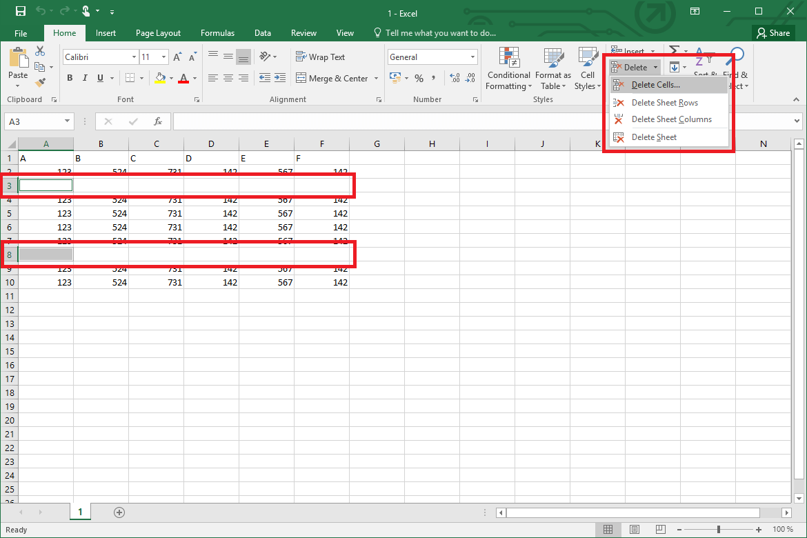 Drop-down menu for deleting all selected rows in Excel
