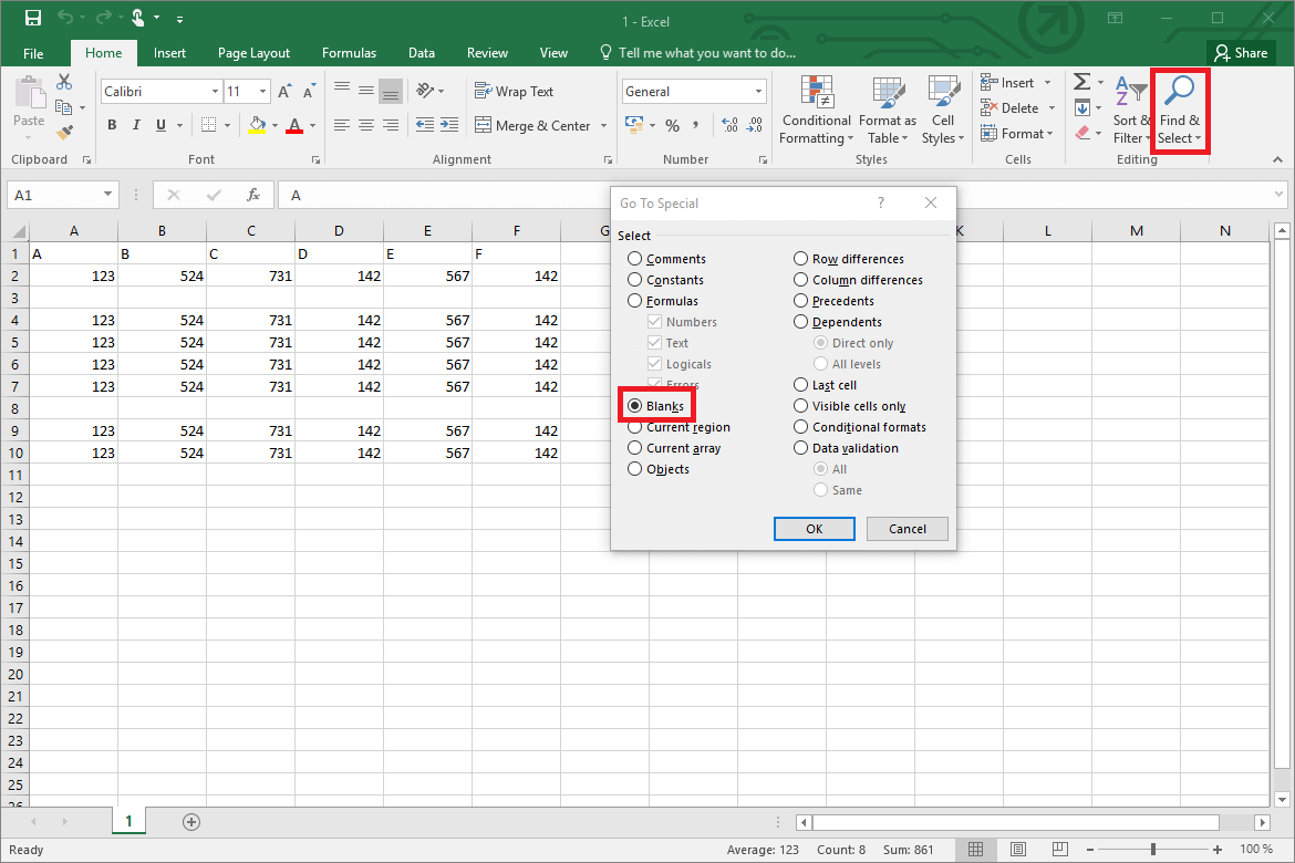 Drop-down menu for deleting blank rows using the search function in Excel
