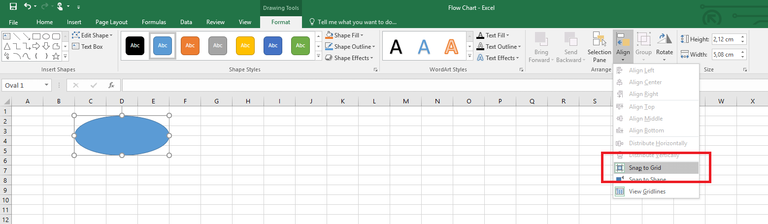Drop-down menu for the “Snap to grid” feature in Excel