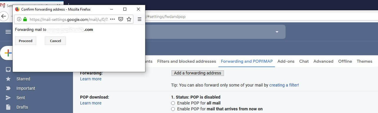 Confirmation window for Gmail forwarding