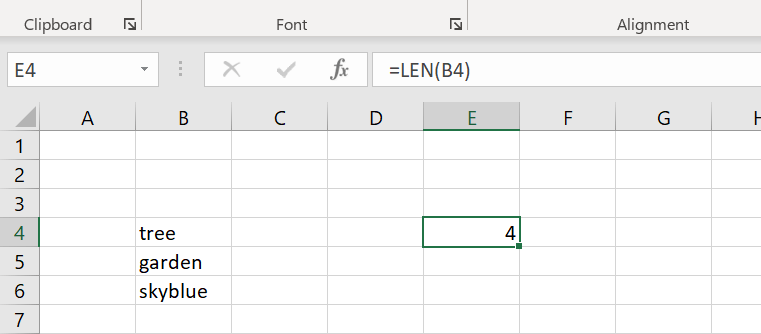 Excel LEN function with a cell reference for the first cell