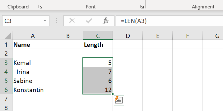 Excel: checking the number of characters with the LEN function