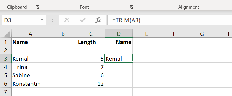 Excel: removing extra spaces using the TRIM function