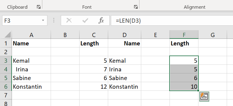 Excel: using the LEN function to check the corrected character count
